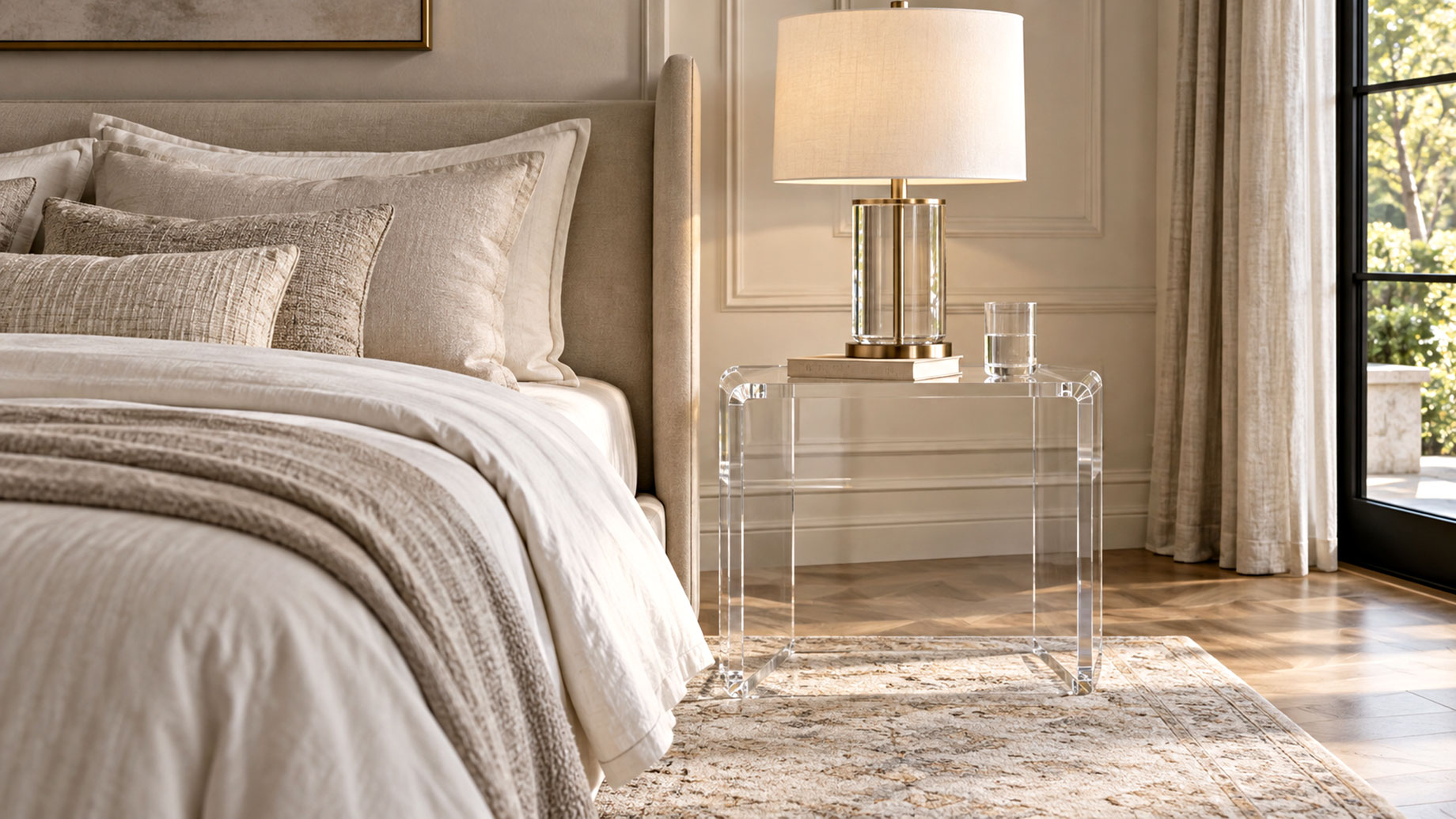 Clear acrylic nightstand with a lamp, books, and a water glass beside a cream upholstered bed and full-length curtains.