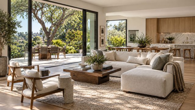 Open-plan living room with a cream sectional, wood kitchen cabinetry, and sliding glass doors opening onto a garden terrace.