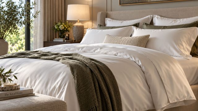 Ivory bedding, layered pillows, and an olive throw on an upholstered bed beside a ceramic bedside lamp and tall curtains.
