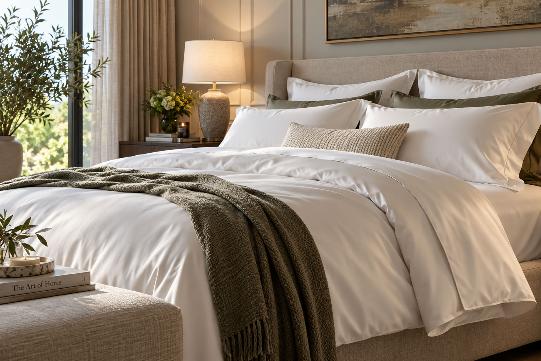Ivory bedding, layered pillows, and an olive throw on an upholstered bed beside a ceramic bedside lamp and tall curtains.