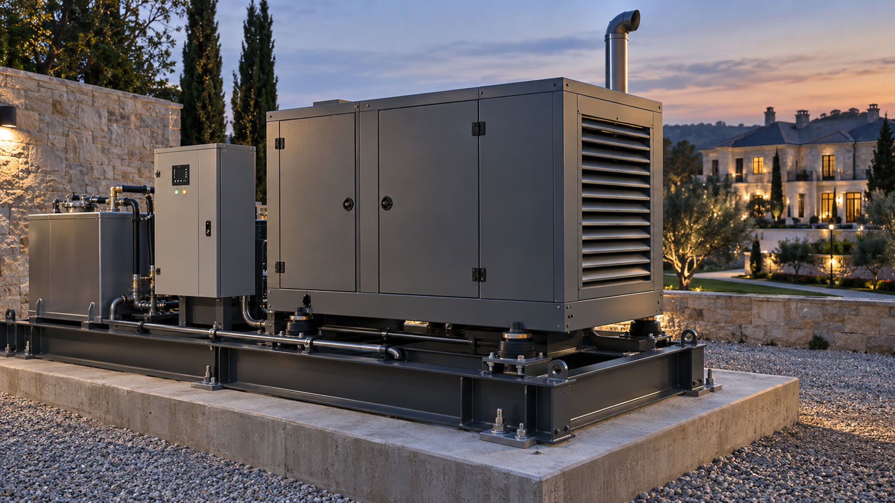 Enclosed generator, fuel tank, and control cabinet mounted on a shared steel frame, with an illuminated luxury estate in the background at dusk.