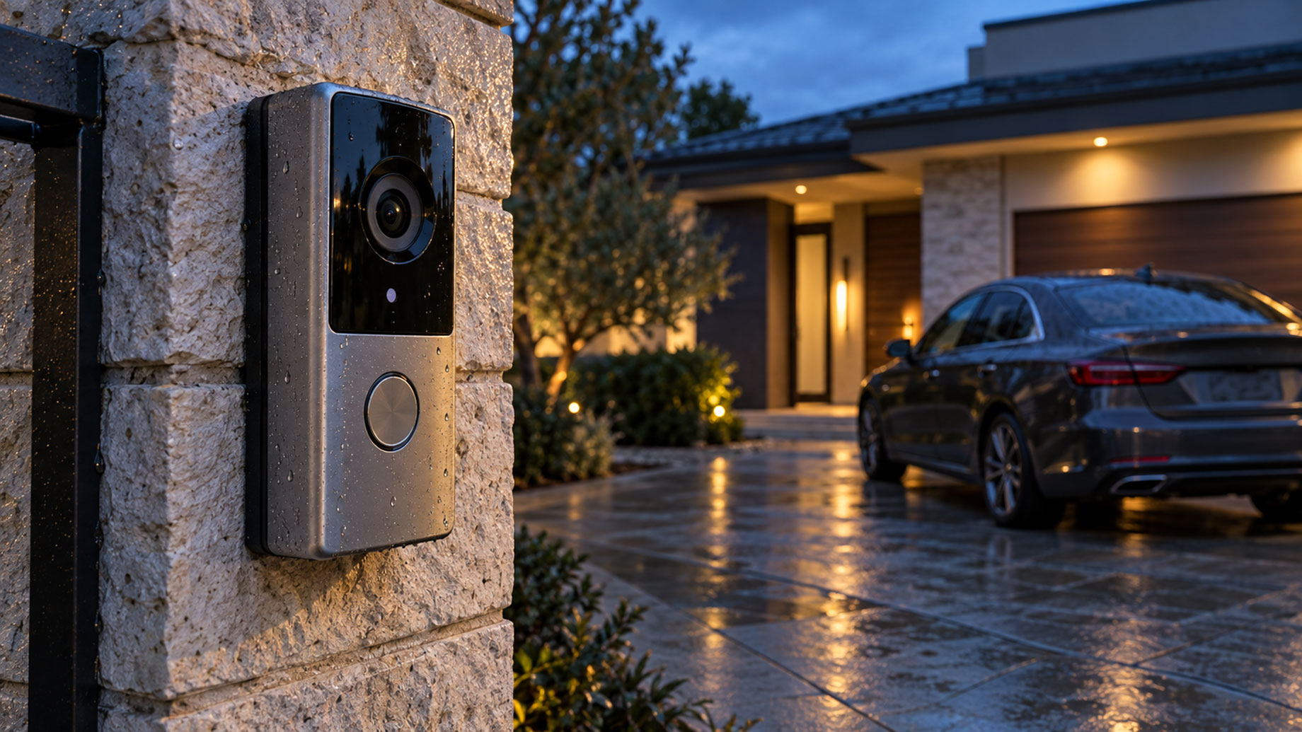 Rain-speckled video doorbell on a stone gatepost beside a parked sedan and a warmly lit home at dusk.