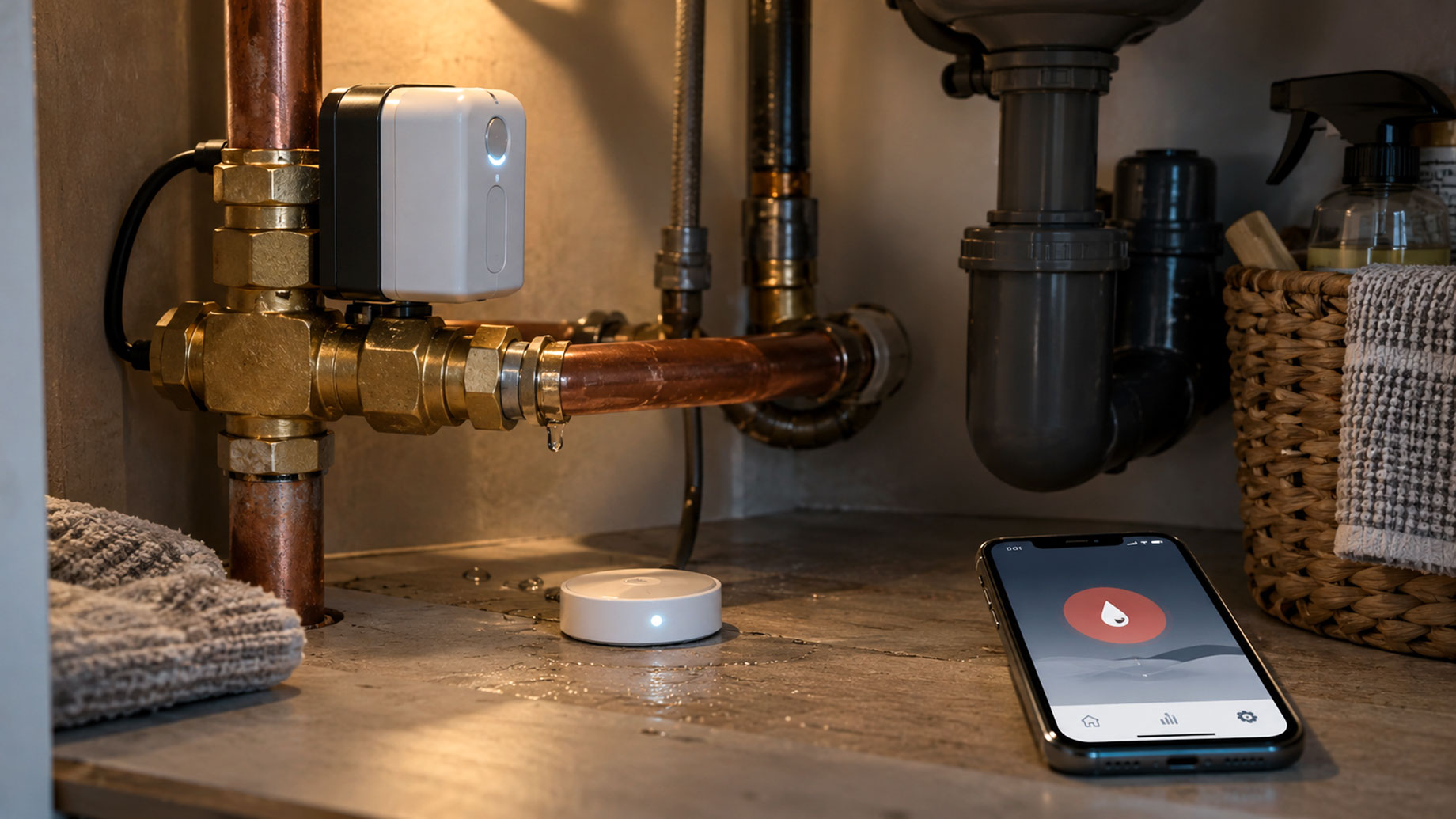 Smart water monitoring device installed on copper plumbing beneath a sink, with a leak sensor and smartphone displaying a water leak alert.