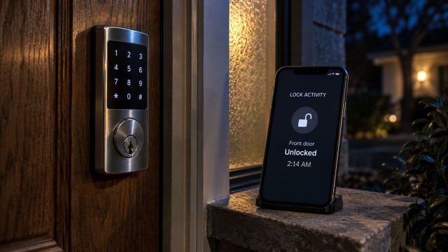 Smart keypad lock on a wooden front door beside a smartphone displaying an unlock event at 2:14 AM in a dimly lit entrance.