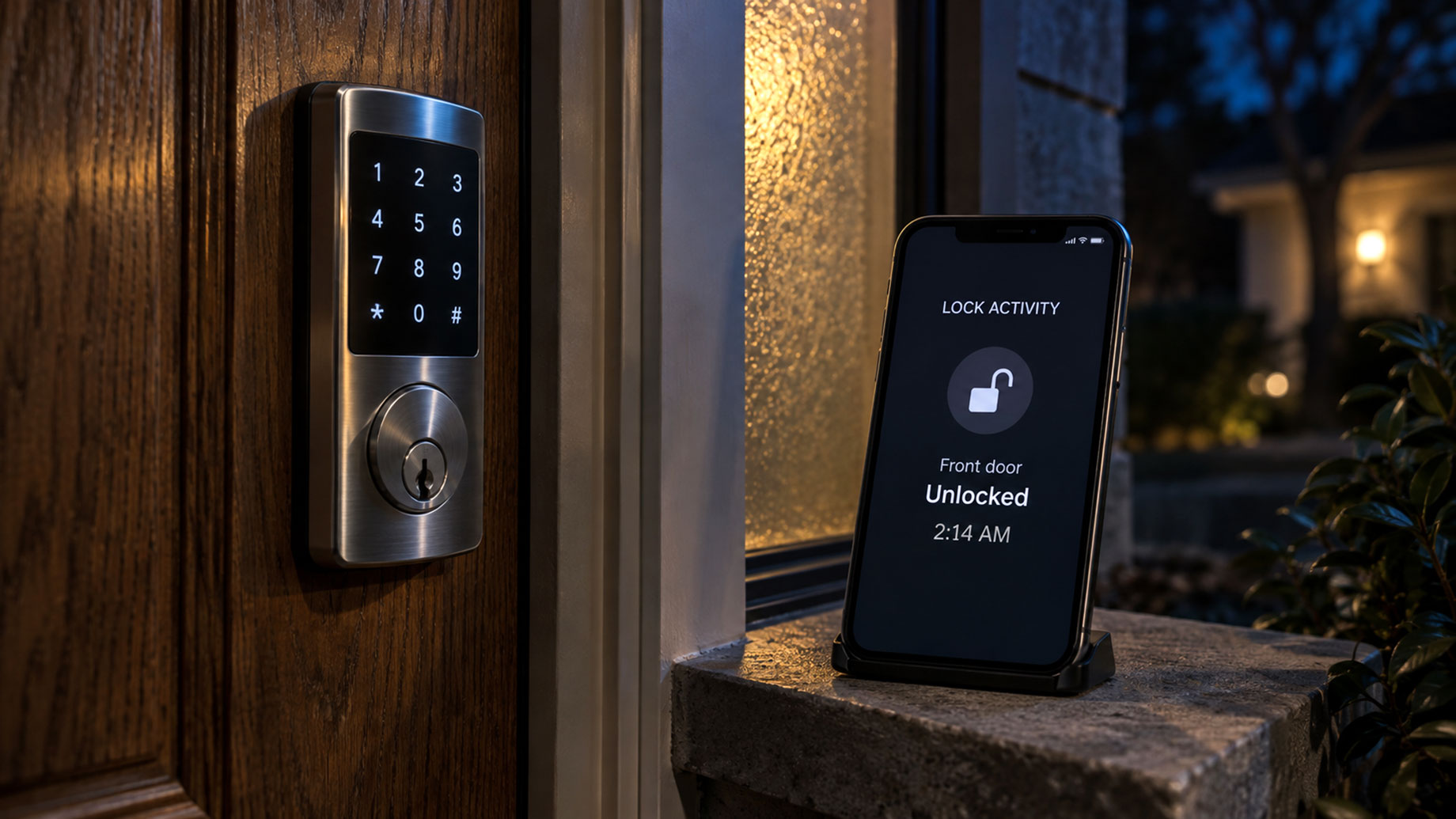 Smart keypad lock on a wooden front door beside a smartphone displaying an unlock event at 2:14 AM in a dimly lit entrance.