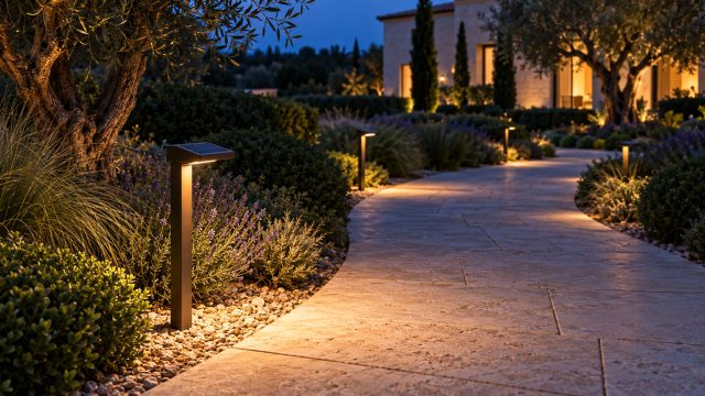 Bronze solar path lights casting warm light across a curved stone walkway in a landscaped estate garden at dusk.