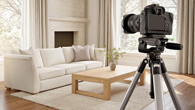Camera on a tripod facing a bright living room with a cream sofa, wooden coffee table, neutral rug, and tall windows.