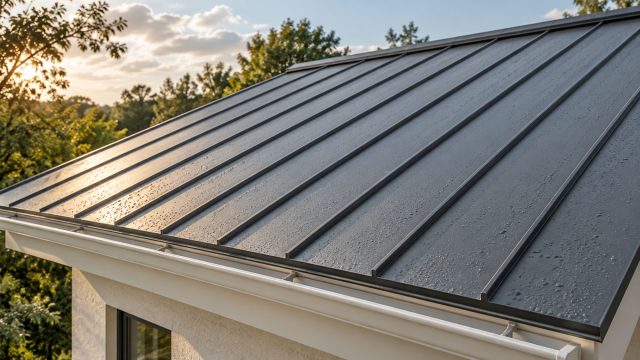 Gray standing-seam metal roof with rain droplets, straight raised seams and a white gutter in warm afternoon light.