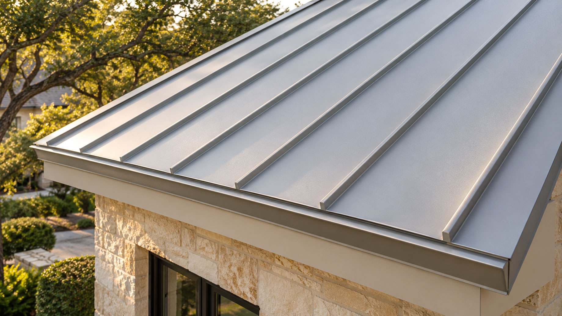 Light-gray standing-seam metal roof with straight raised seams above a limestone wall, surrounded by leafy landscaping.