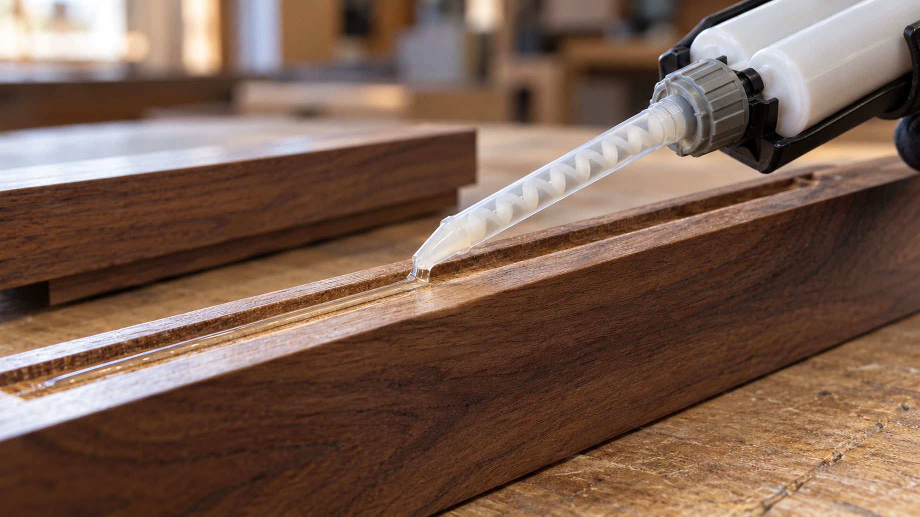 Translucent static mixing nozzle dispensing a thin adhesive bead into a routed channel in walnut joinery.