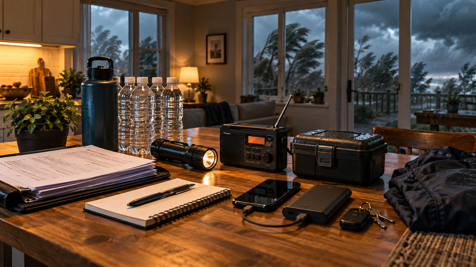 Emergency supplies, bottled water, flashlight, weather radio, insurance documents, and power bank arranged on a kitchen table as storm clouds gather outside.