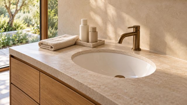 Pale stone vanity with an oval basin, bronze faucet, folded hand towel and two plain skincare bottles beside a garden window.