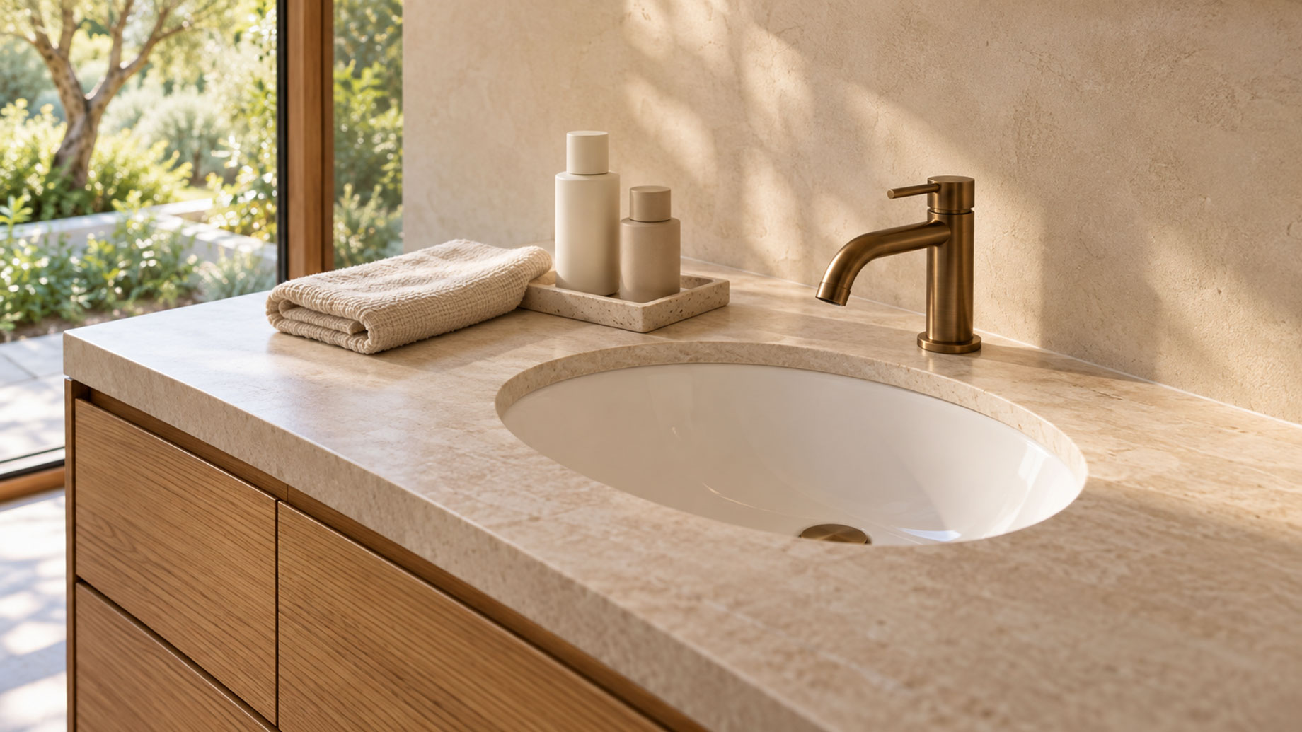 Pale stone vanity with an oval basin, bronze faucet, folded hand towel and two plain skincare bottles beside a garden window.