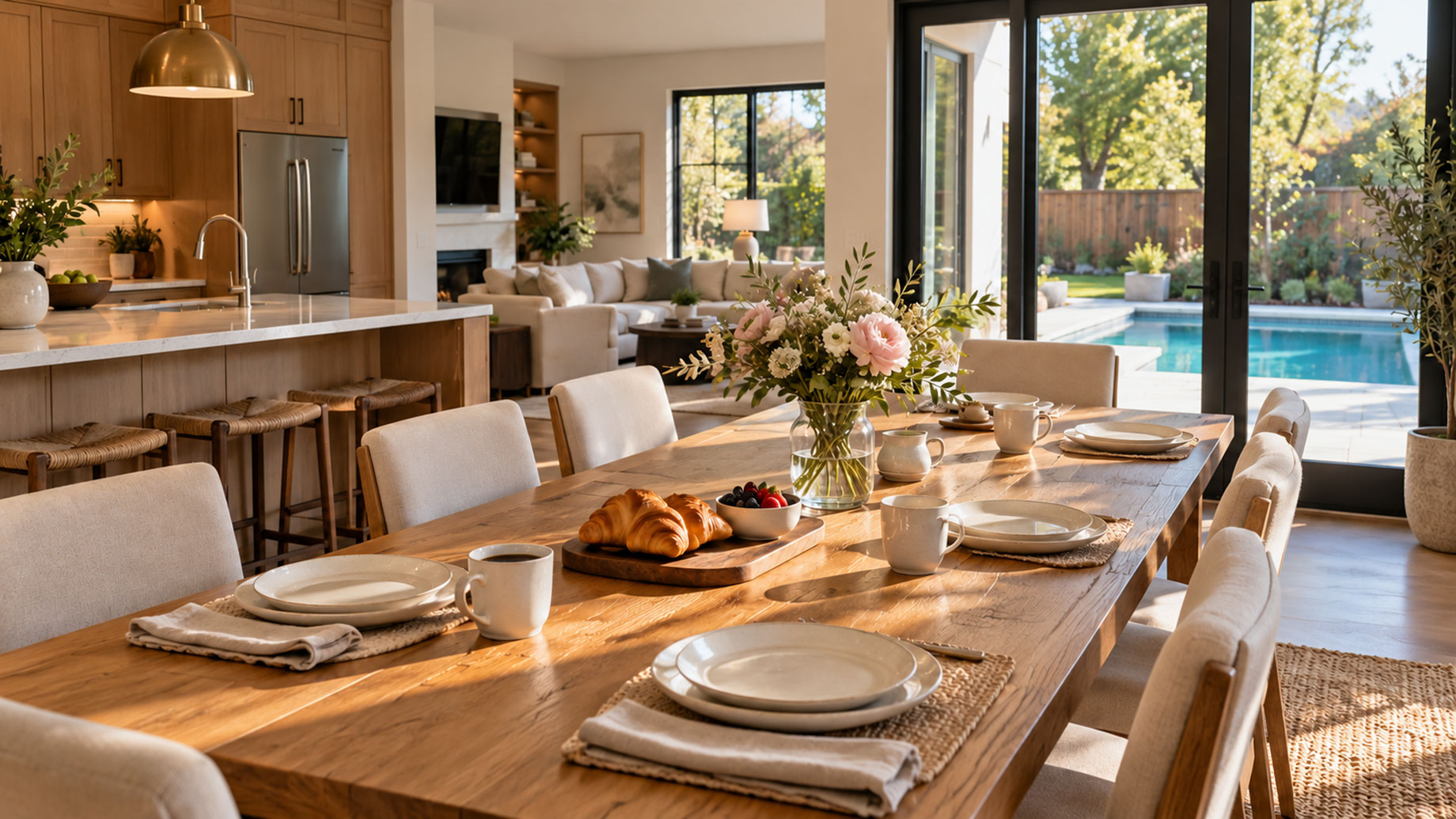 Sunlit dining table set for breakfast beside an oak kitchen, with glass doors overlooking a private swimming pool.