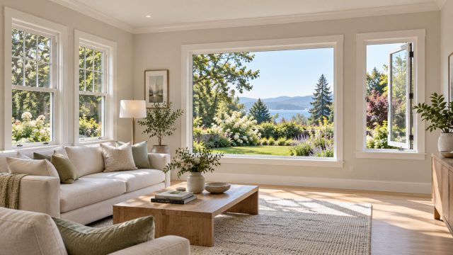 Bright living room with a large picture window, two sash windows, and an open casement overlooking a garden and distant lake.