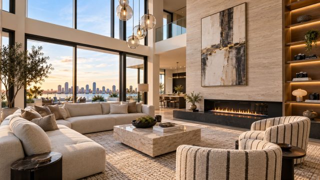 Double-height living room with a cream sectional, striped armchairs, a stone fireplace, and tall windows overlooking the water.