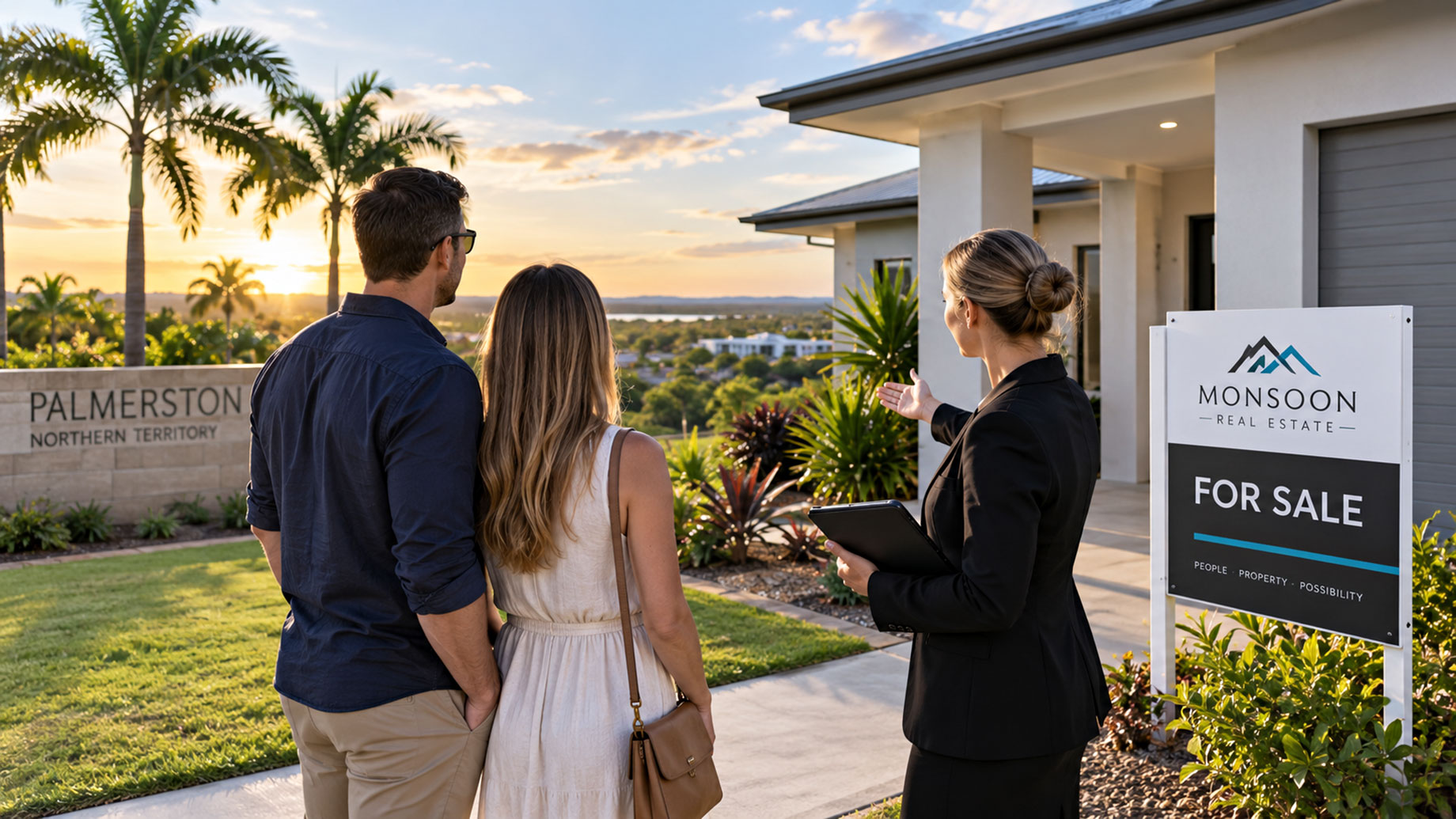 Couple standing with a real estate agent outside a modern home beside a Monsoon Real Estate for-sale sign at sunset.