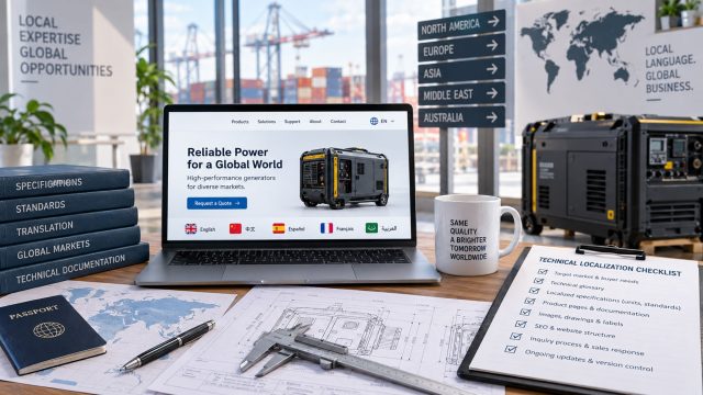 Laptop displaying a multilingual industrial product website beside technical drawings, specifications, measuring tools, and global market references.