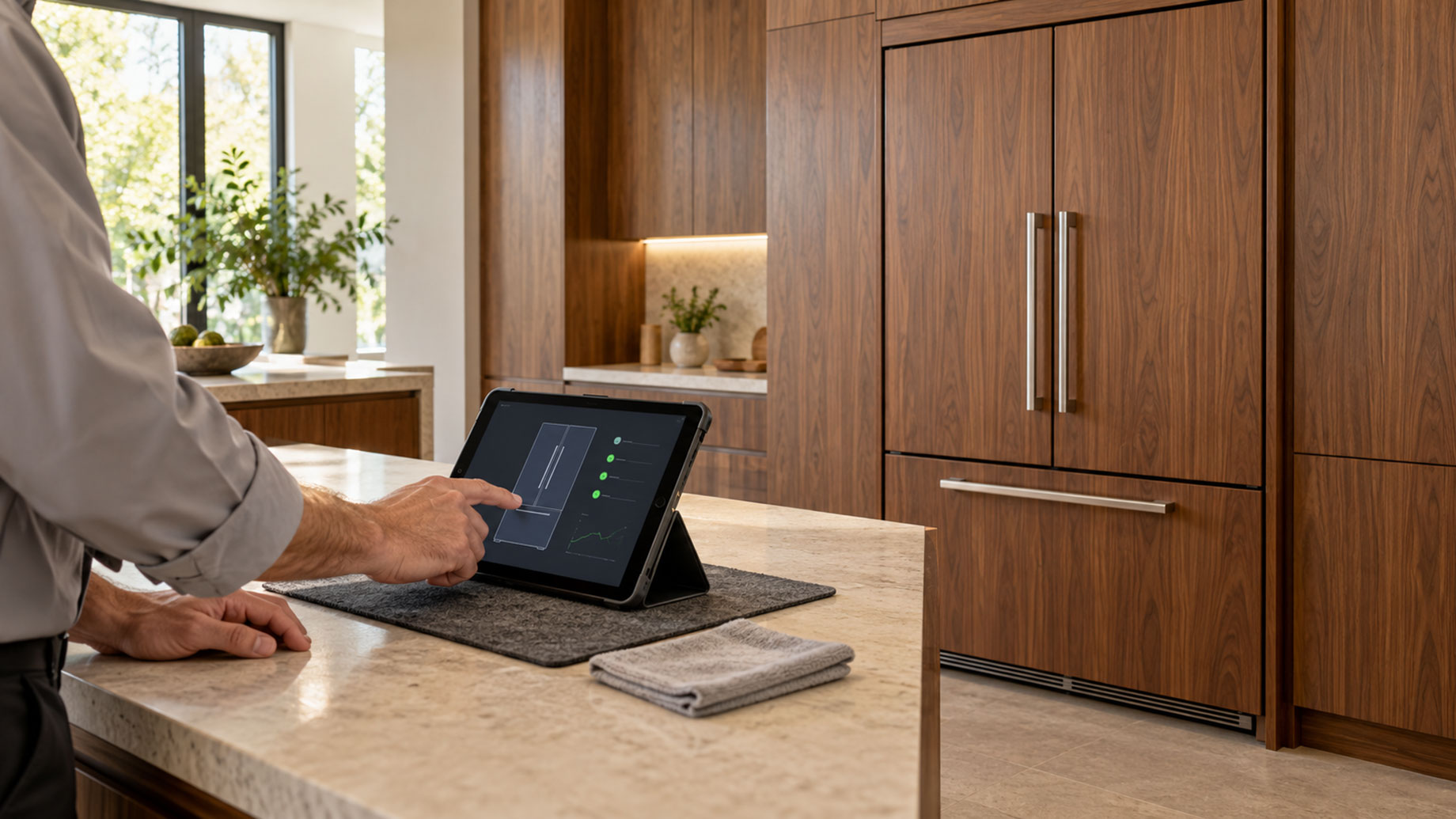 Technician using a diagnostic tablet beside a walnut-paneled built-in refrigerator in a contemporary kitchen.