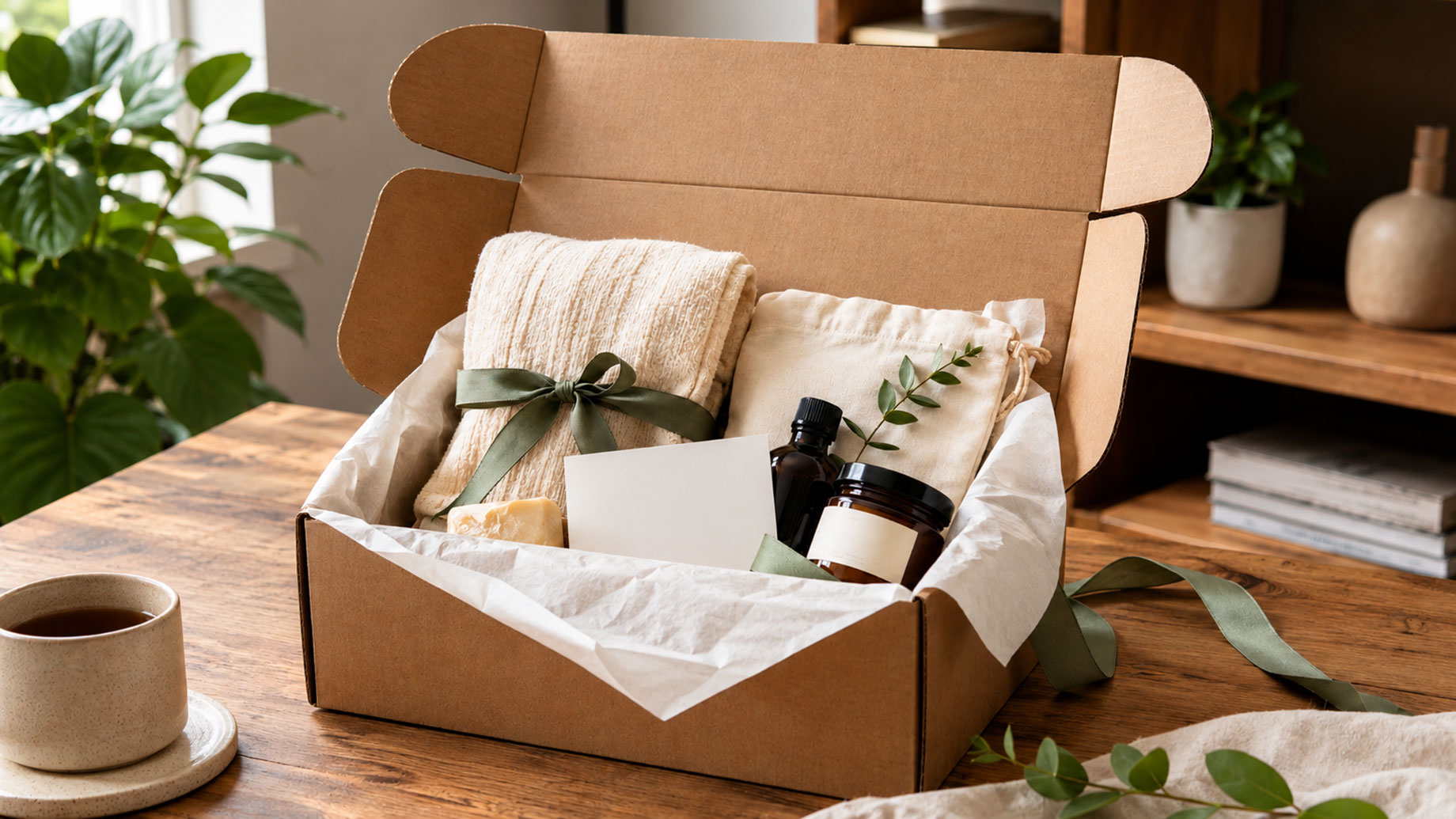 Open kraft box with cream textiles, an olive ribbon, amber containers, a blank card and white tissue paper.