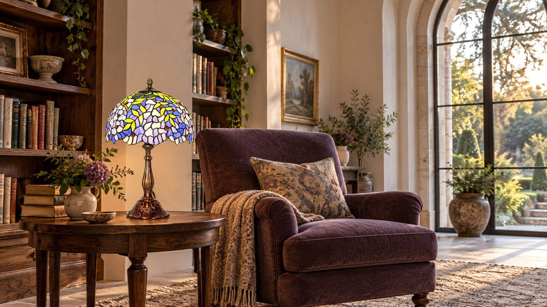 Floral stained-glass table lamp on a round wooden table beside a plum armchair, with bookshelves and a tall arched window.
