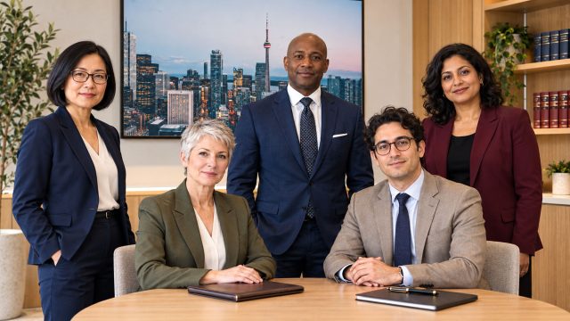 Five lawyers, two seated and three standing, in a bright office with a framed Toronto skyline photograph.