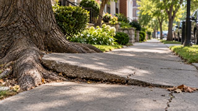 Cracked and raised concrete sidewalk beside exposed tree roots, with landscaped gardens and brick homes in the background.