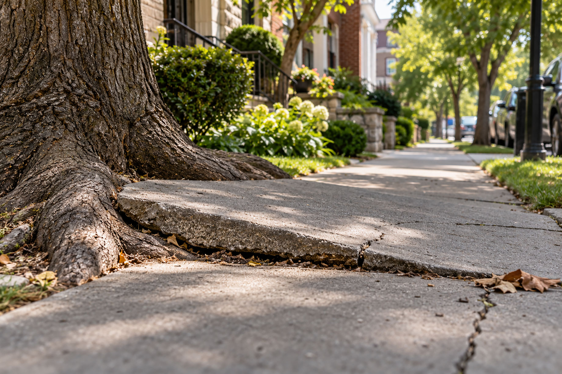 Cracked and raised concrete sidewalk beside exposed tree roots, with landscaped gardens and brick homes in the background.