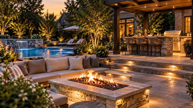 Landscaped backyard at dusk with a stone fire pit, cushioned seating, a pool with a waterfall, and a covered outdoor kitchen.