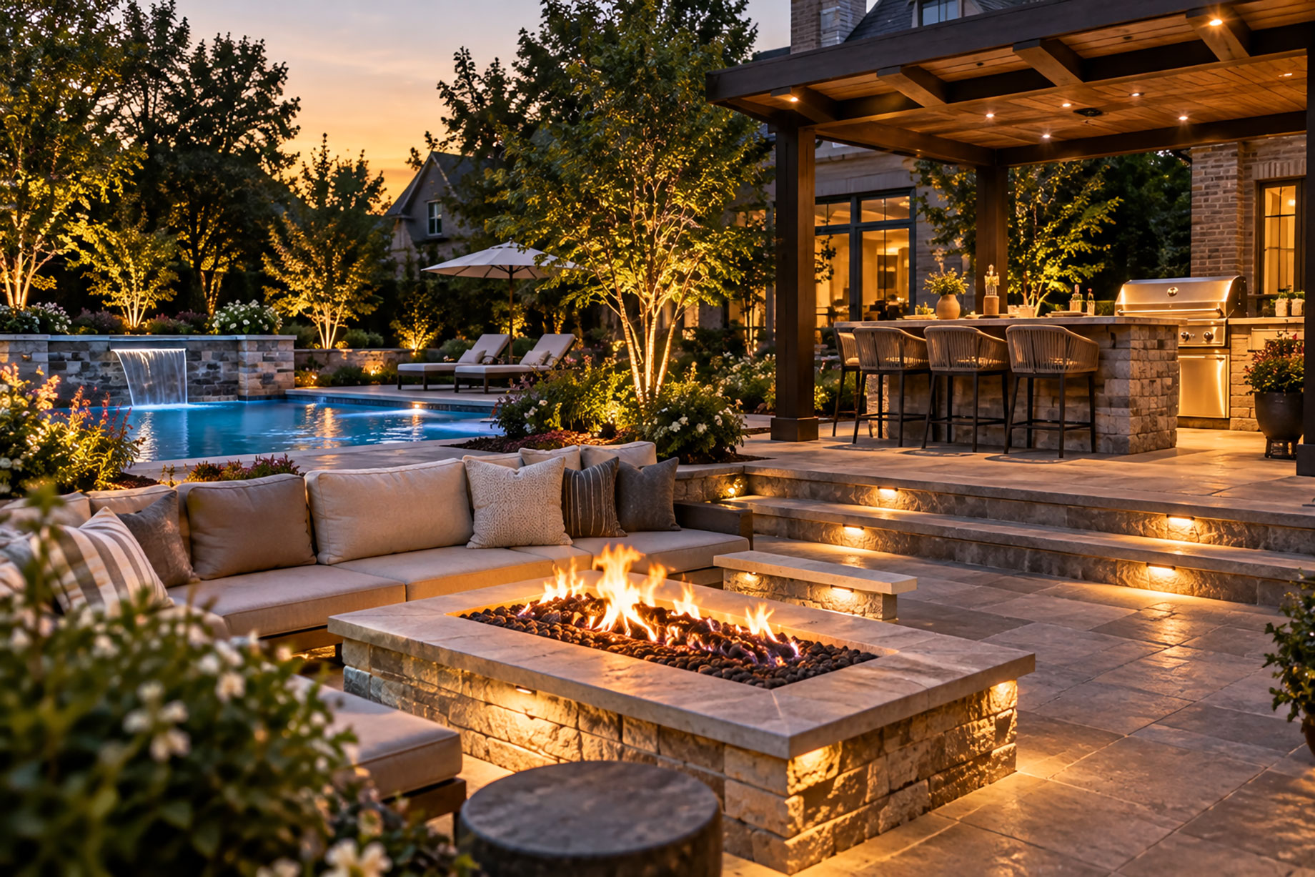 Landscaped backyard at dusk with a stone fire pit, cushioned seating, a pool with a waterfall, and a covered outdoor kitchen.