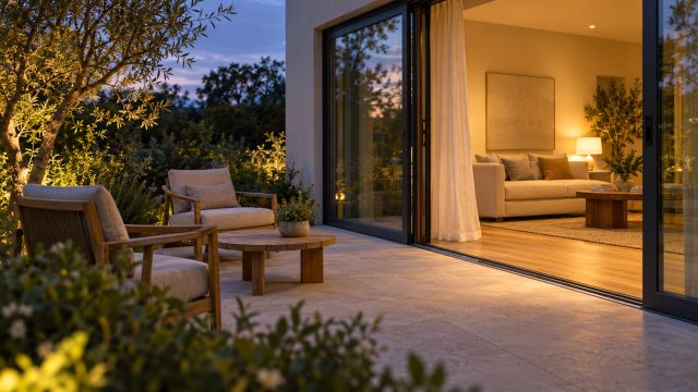 Timber lounge chairs and a low table on a stone terrace beside open glass doors and a warmly lit living room at dusk.