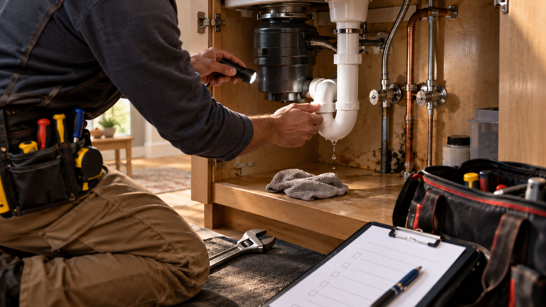 Plumber inspecting a leaking PVC drainpipe beneath a kitchen sink using a flashlight, with repair tools and a clipboard nearby.