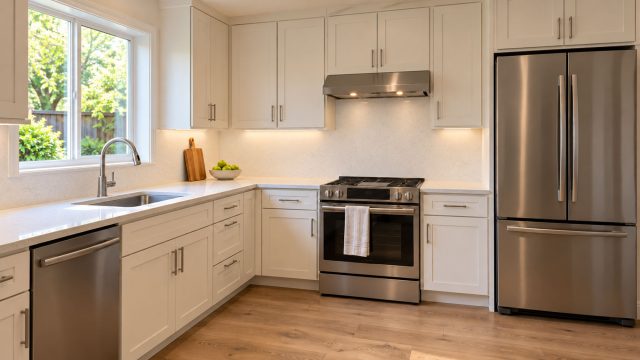 L-shaped kitchen with white Shaker cabinets, pale countertops, stainless steel appliances and a sink beneath a large window.