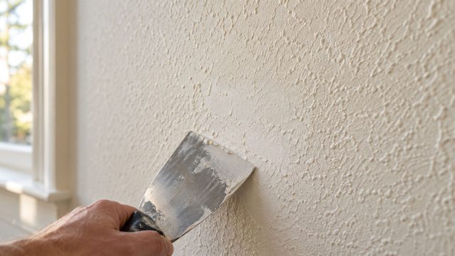 Hand smoothing finishing compound on a textured off-white wall, with window light revealing the surface pattern and repair area.
