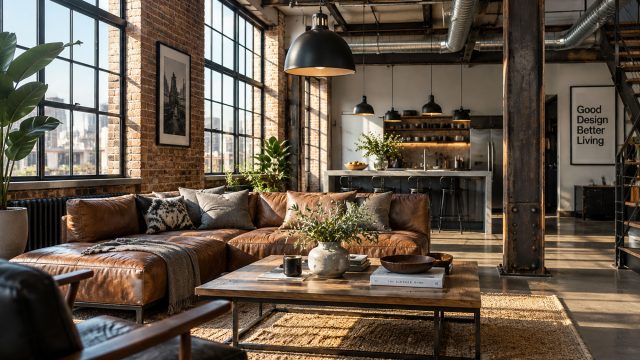 Sunlit industrial loft with exposed brick walls, black steel beams, large factory-style windows, a tan leather sectional, and a reclaimed wood coffee table.