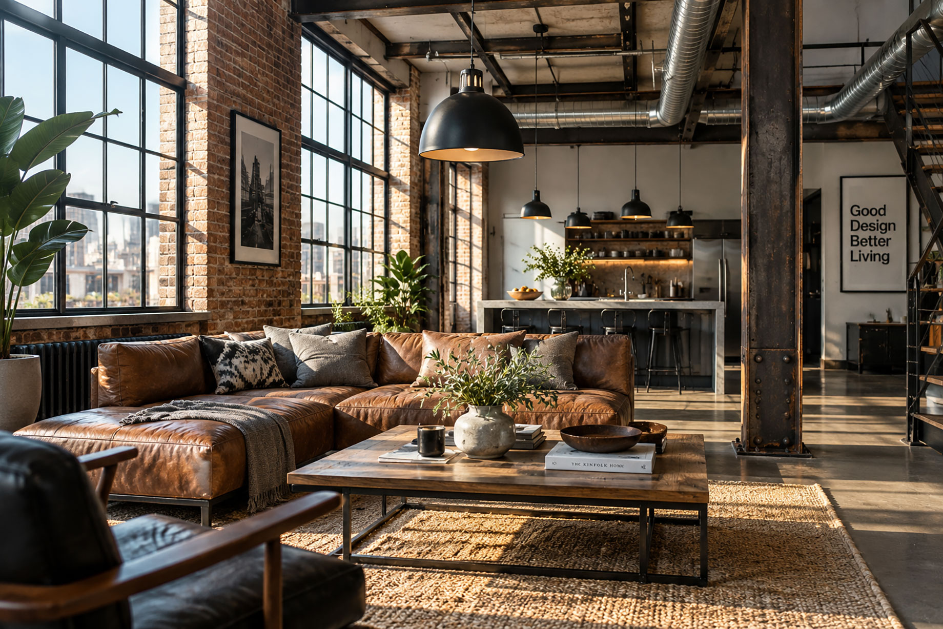 Sunlit industrial loft with exposed brick walls, black steel beams, large factory-style windows, a tan leather sectional, and a reclaimed wood coffee table.