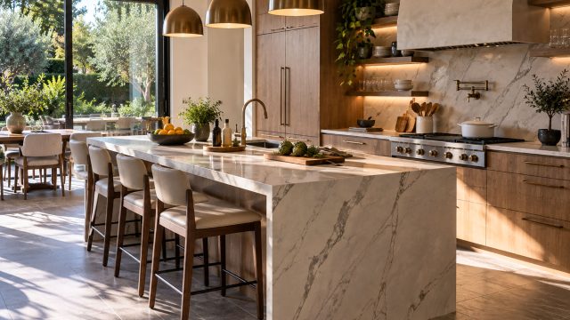 Modern kitchen with a marble waterfall island, warm wood cabinetry, brass pendant lights, and large glass doors overlooking a garden.