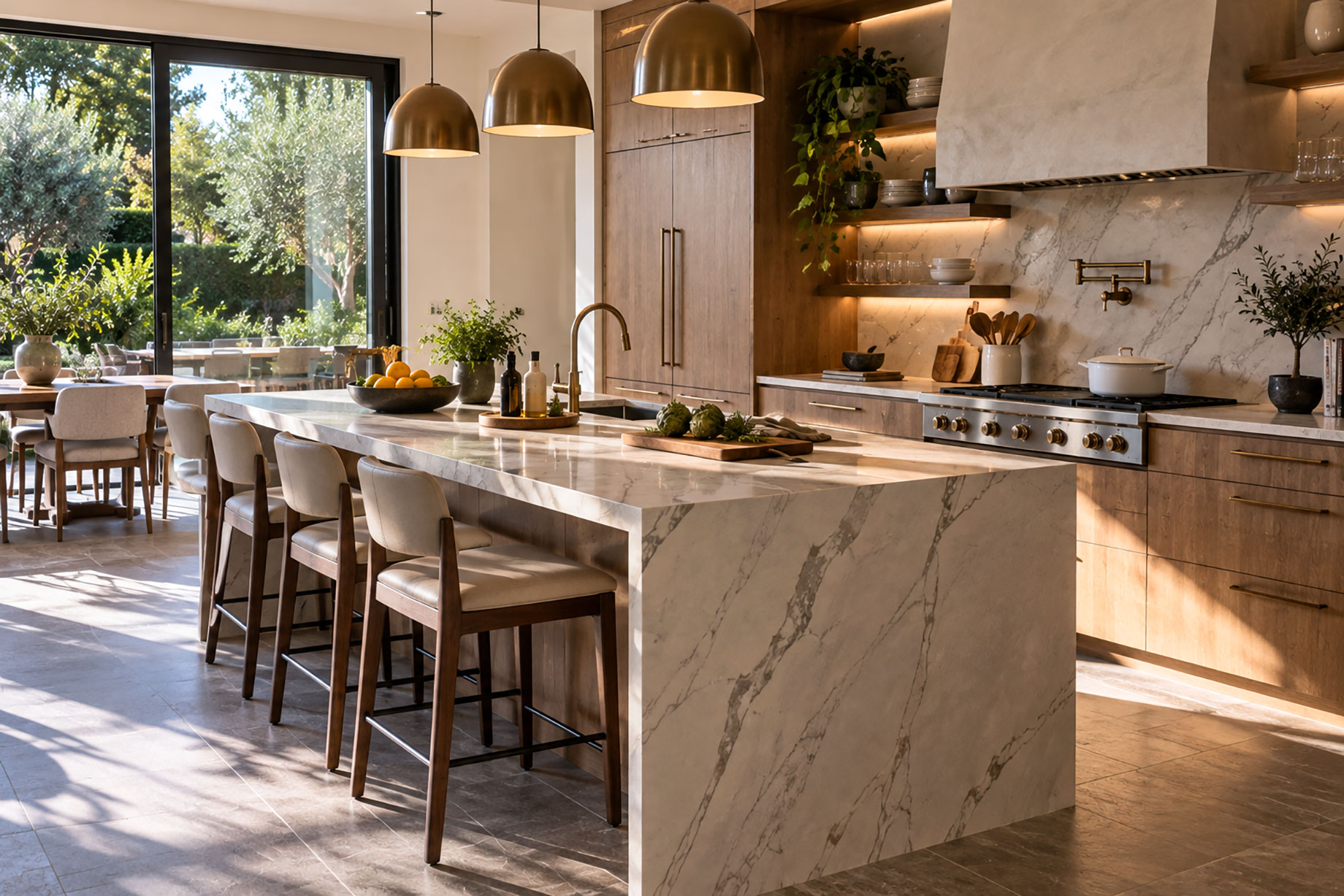 Modern kitchen with a marble waterfall island, warm wood cabinetry, brass pendant lights, and large glass doors overlooking a garden.