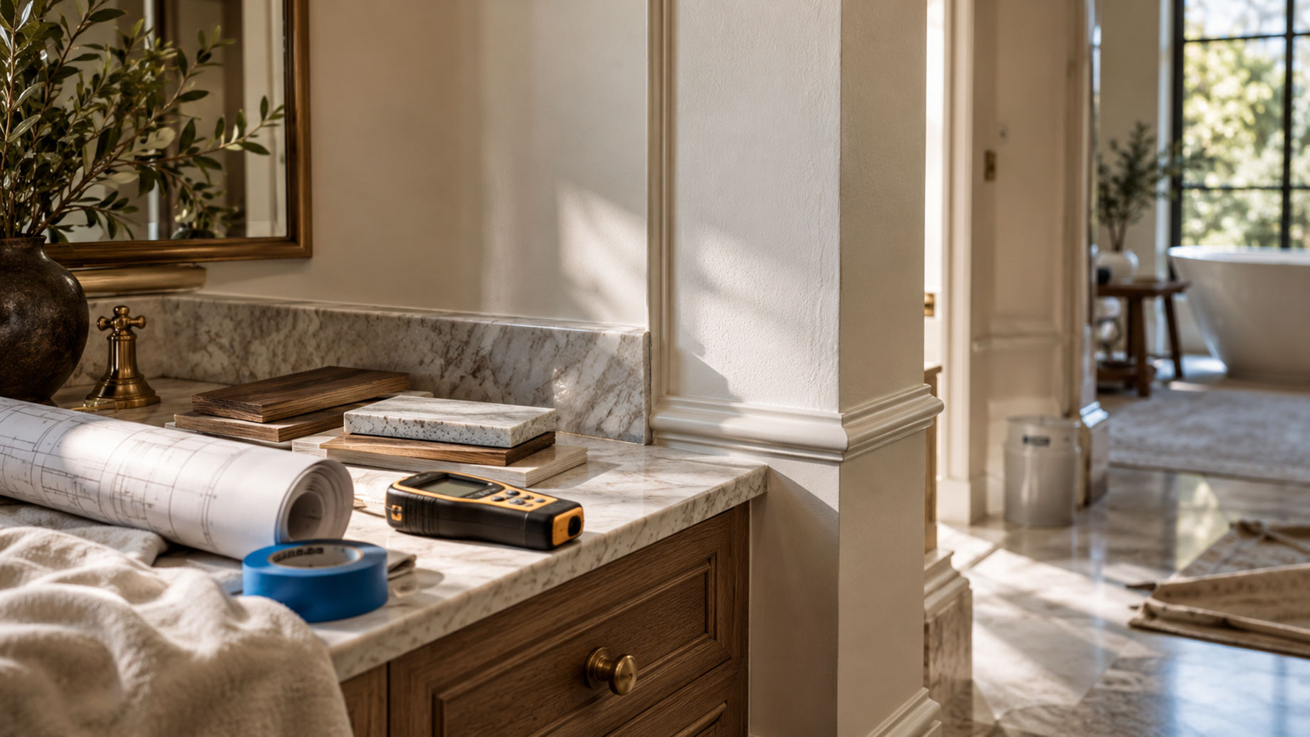Rolled renovation plans, wood and stone samples, a handheld meter, and blue painter’s tape on a stone vanity countertop.