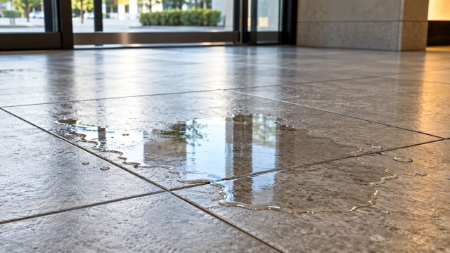 Shallow puddle reflecting glass entrance doors on a gray tiled lobby floor.