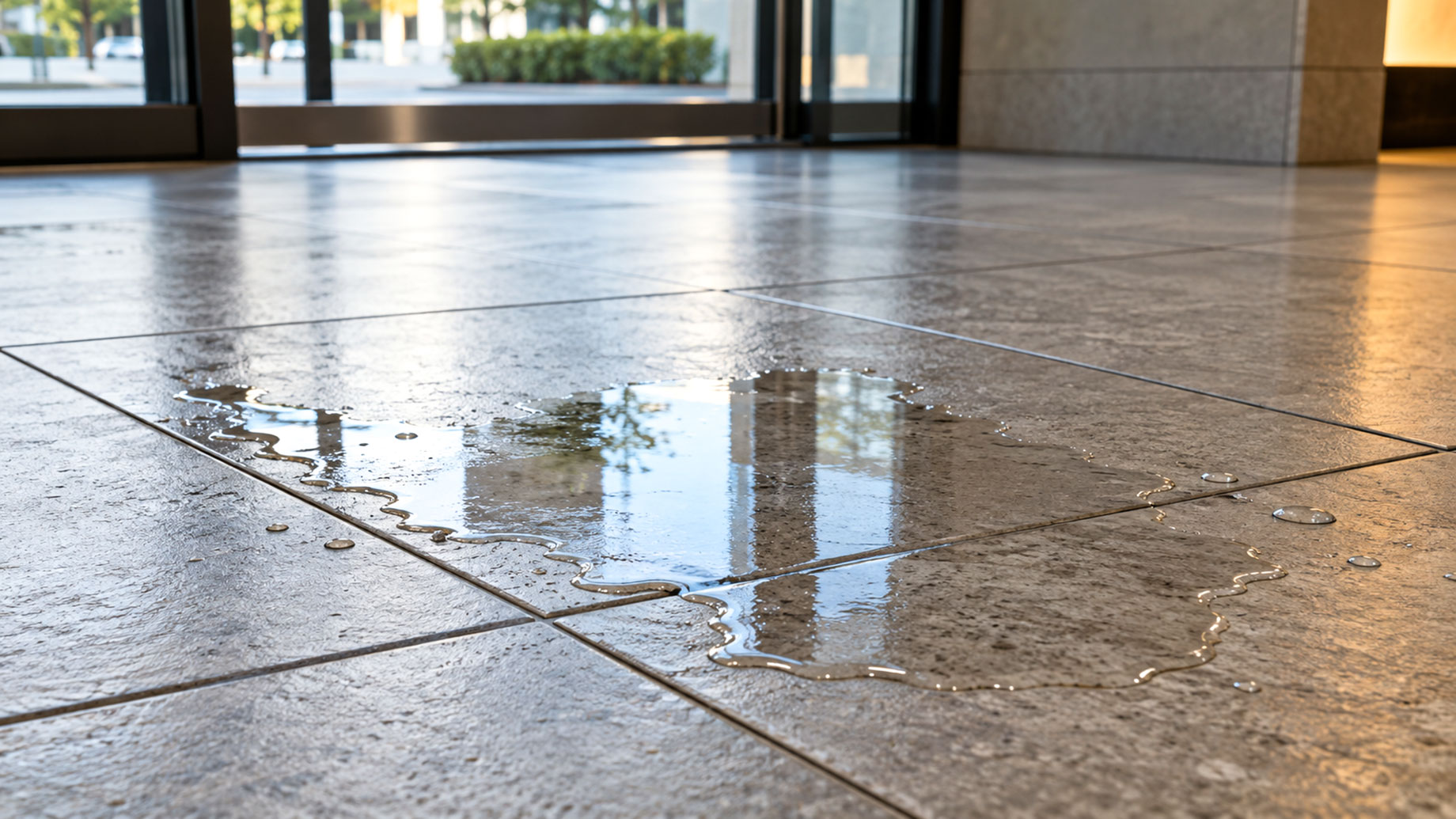 Shallow puddle reflecting glass entrance doors on a gray tiled lobby floor.