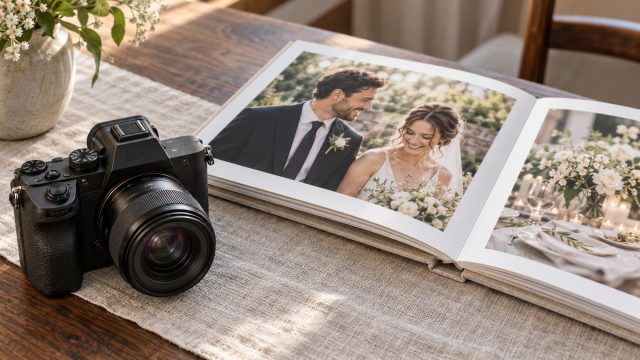 Camera beside an open wedding album showing a smiling couple and floral table setting on a linen-covered wooden table.