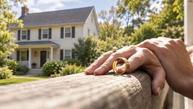 Gold wedding band beside hands resting on a wooden rail, with a two-storey house and garden in the background.