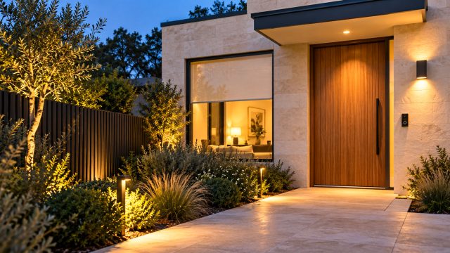 Timber front door with a video doorbell, warm pathway lights, slatted privacy fencing and a partially lowered window blind.