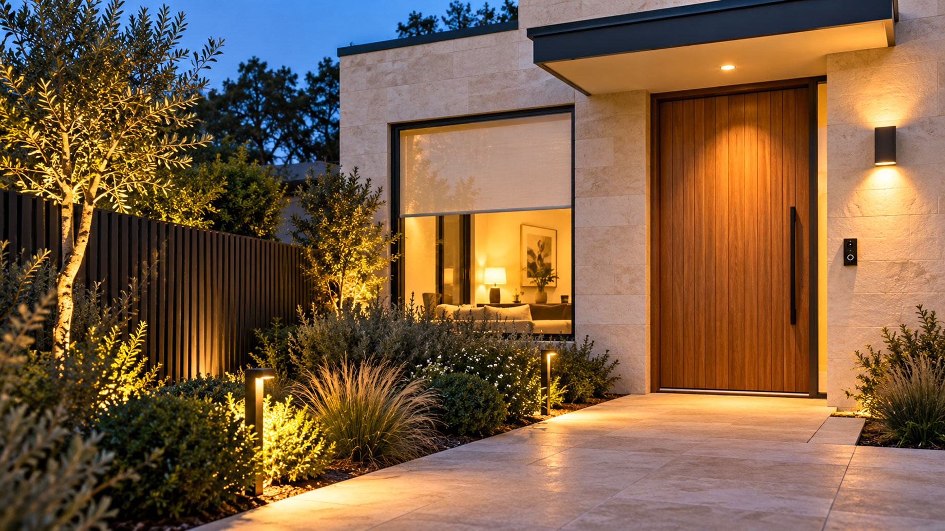 Timber front door with a video doorbell, warm pathway lights, slatted privacy fencing and a partially lowered window blind.