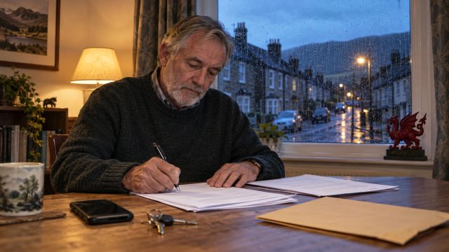 Older Welsh landlord writes with a pen on tenancy documents beside house keys as rain falls outside a row of terraced homes.
