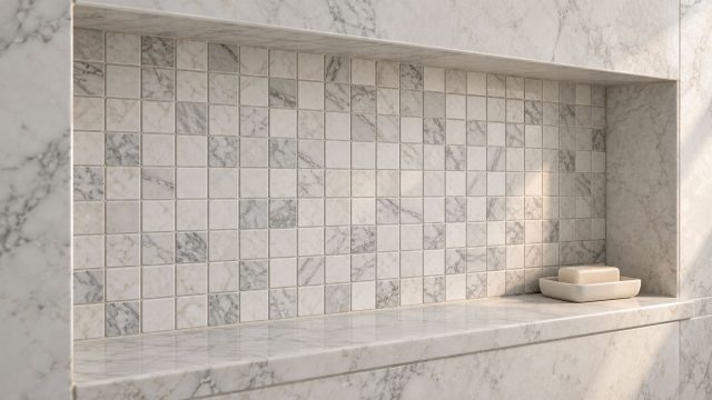 Square white and gray marble mosaic tiles line a recessed shower niche with a stone shelf and a ceramic soap dish.