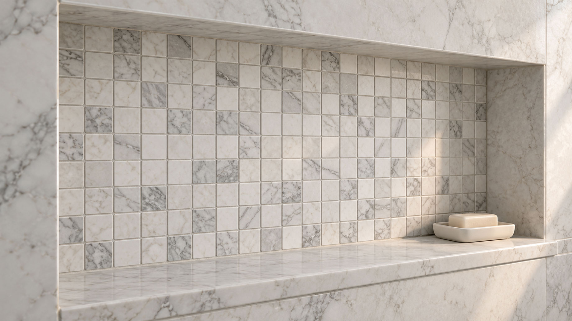 Square white and gray marble mosaic tiles line a recessed shower niche with a stone shelf and a ceramic soap dish.