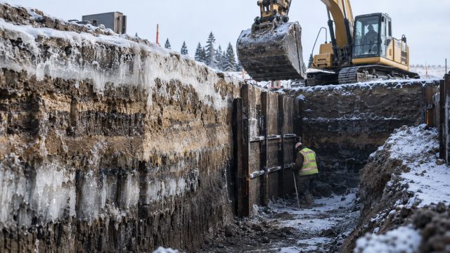 Excavator above a snowy excavation with ice-covered soil layers and a worker in a high-visibility vest beside shoring panels.