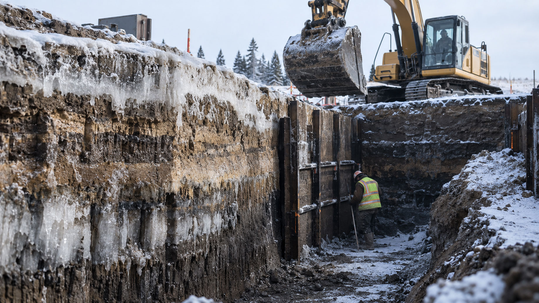 Excavator above a snowy excavation with ice-covered soil layers and a worker in a high-visibility vest beside shoring panels.
